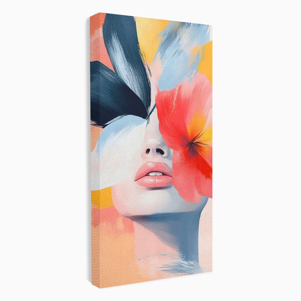 Tablou canvas cu tablou canvas cu fata de femeie si flori pictate, fara rama, pe sasiu de lemn